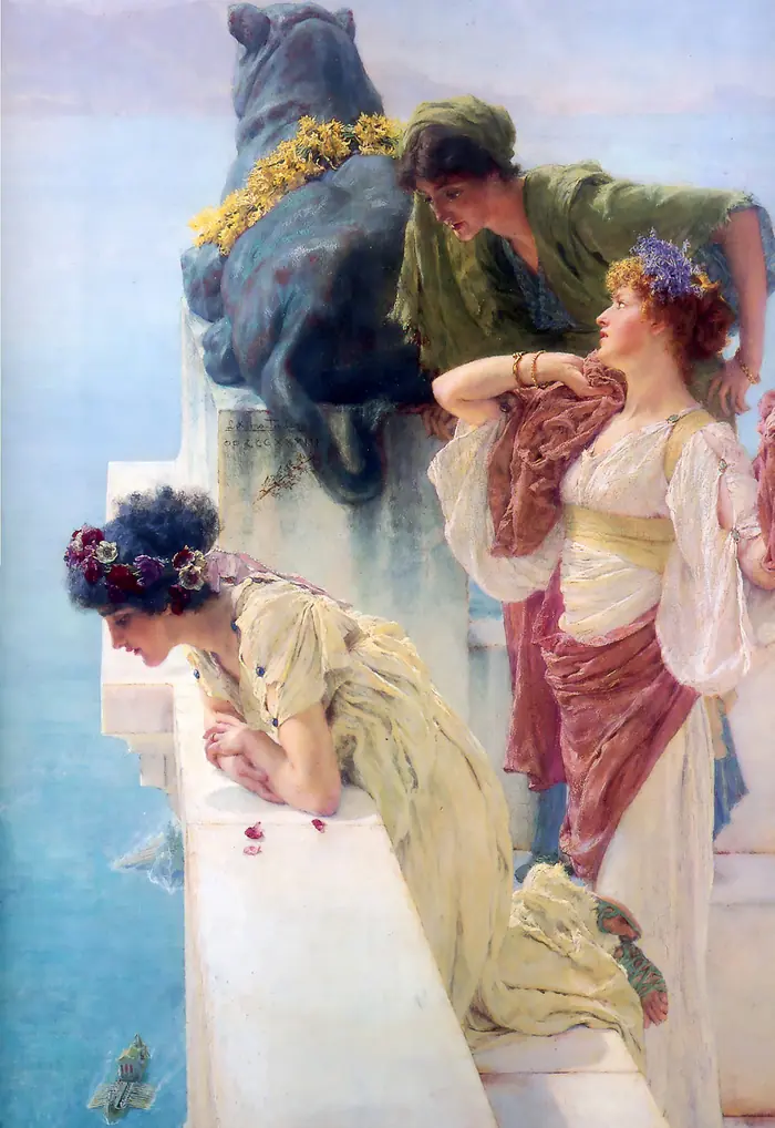 Classical figures in flower crowns looking out over the sea from a marble terrace, in A Coign of Vantage by Lawrence Alma-Tadema