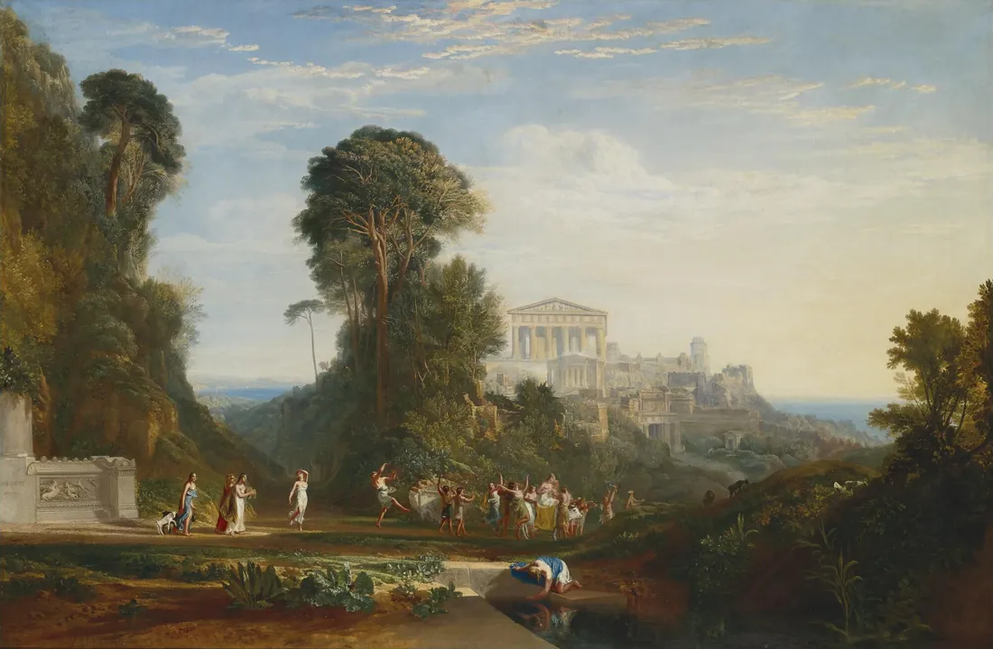 A classical temple in a sunlit Greek landscape, from The Temple of Jupiter Panellenius Restored by J. M. W. Turner