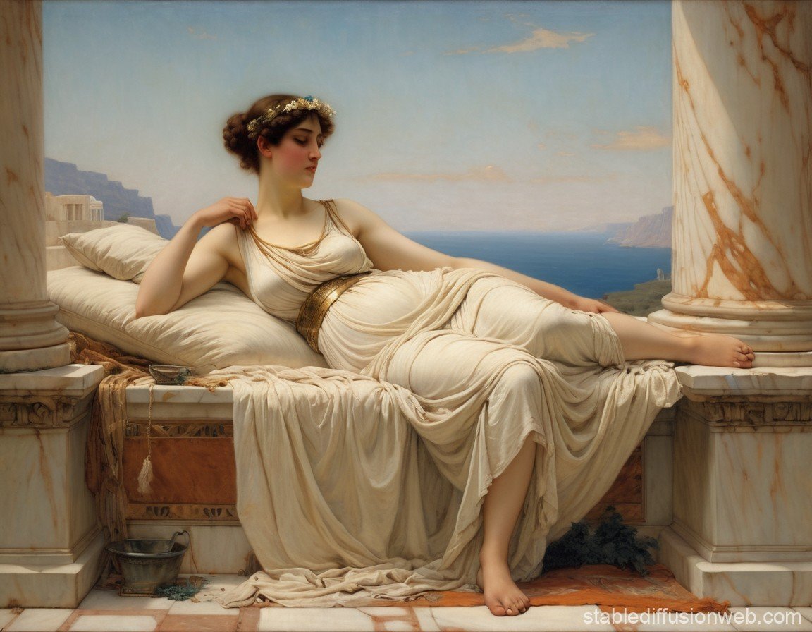 A woman in classical Greek dress beside marble columns overlooking the sea